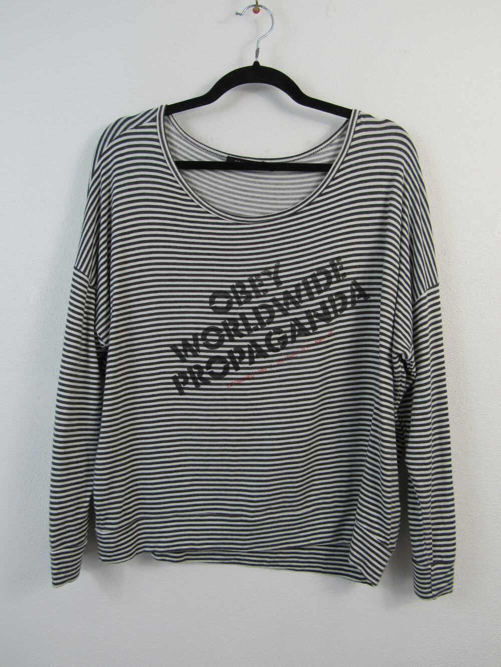 OBEY Small Striped Long Sleeve Lightweight Scoop Neck Shirt Too Slouchy